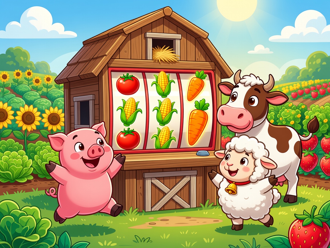 Colorful cartoon farm slot adventure gameplay with friendly animals and bright crops